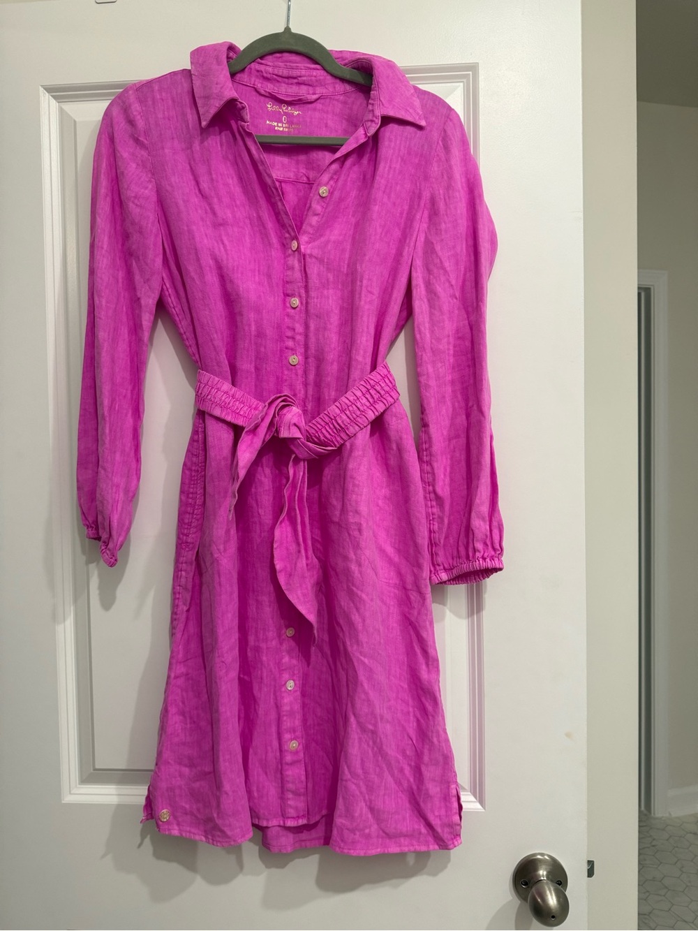 Lilly Pulitzer Vibrant Pink Button-Front Shirt Dress with Waist Tie